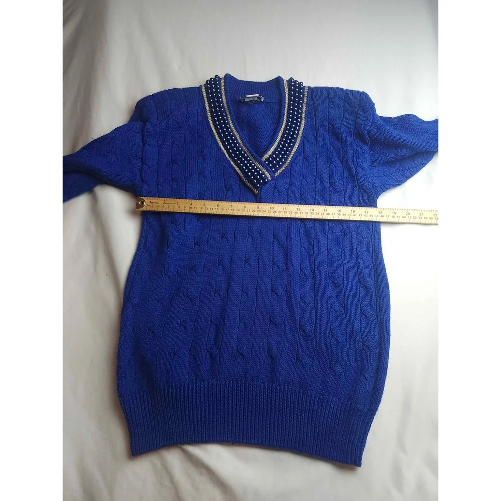 Eminent Vintage Royal Blue Cable Knit Pearl Beaded V-Neck Sweater Small Womens